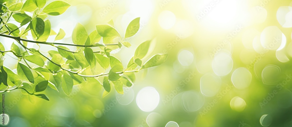 Poster bright summer sunlight creates an abstract blurred foliage bokeh background, ideal for a copy space 