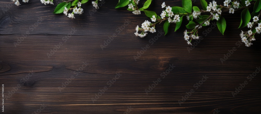 Fototapete top view of spring branches with small green leaves on a dark wooden background, creating a visually