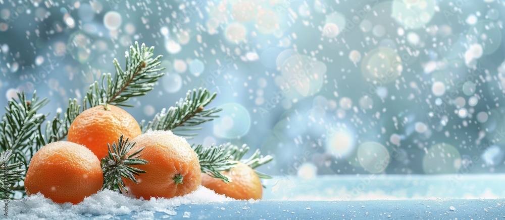 Poster a festive scene featuring tangerines, a fir branch, and falling snow on a retro-style blue backdrop,