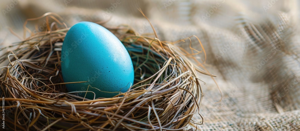 Poster card for easter display with blue egg in nest, providing empty space for writing.