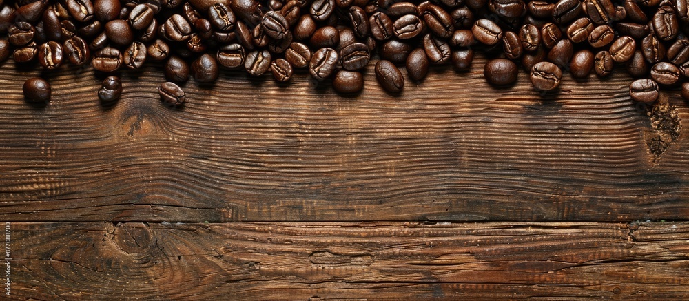 Poster a rustic wooden table set with roasted coffee beans, offering an ideal background for text in a copy