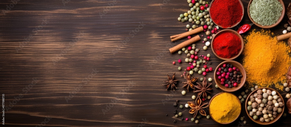 Poster Colorful spices arranged on a wooden table with space for text, as seen from above in a copy space image.
