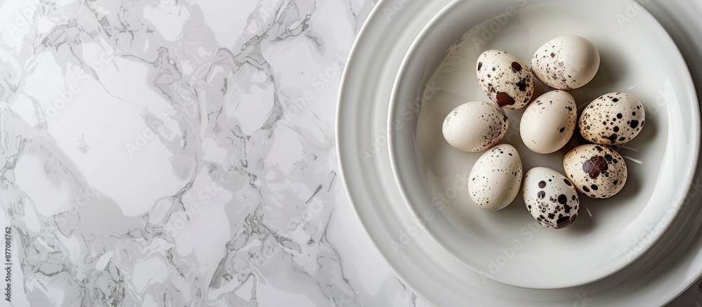 Poster White porcelain plates presented with a display of quail eggs, ideal for showcasing with a copy space image.
