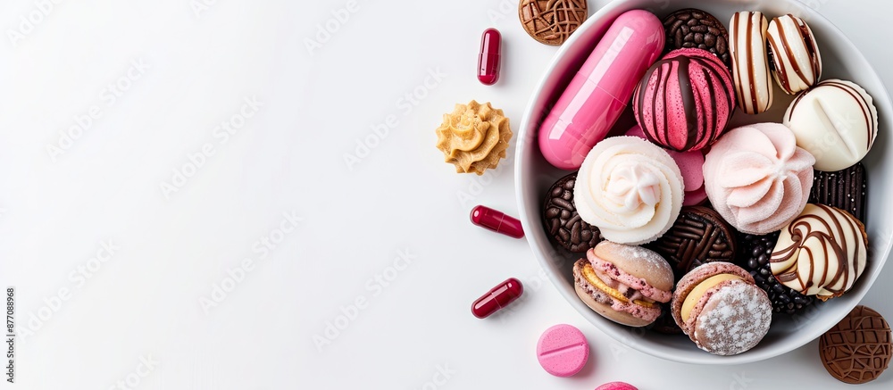 Poster Sweet treats arranged in a bowl on a white background with a medical pill placed at the edge, creating a delicious and visually appealing copy space image.
