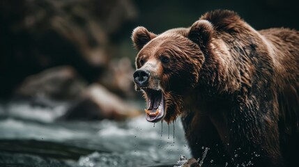 Obraz premium A brown bear stands in the river with its mouth wide open