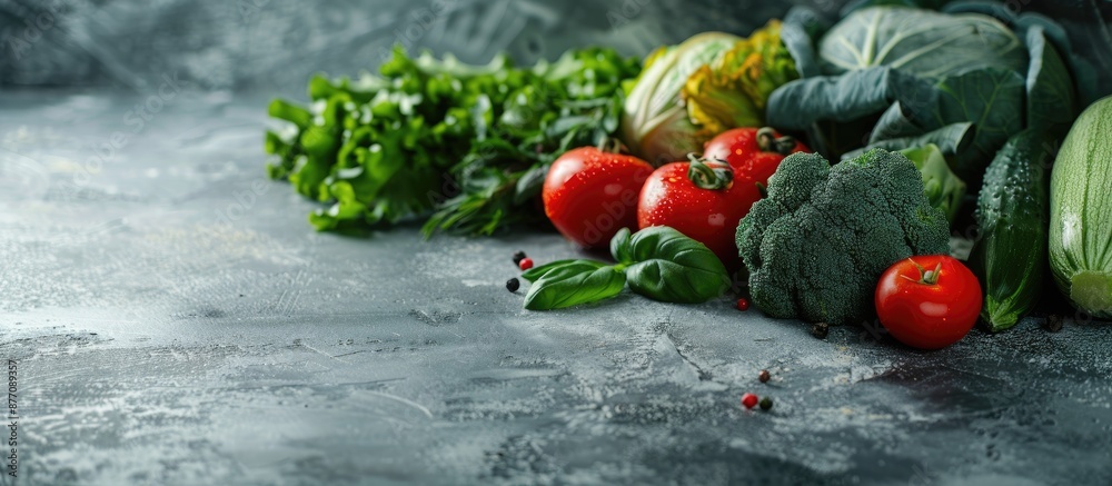 Aufkleber Fresh vegetables displayed on a concrete surface with empty space for text or images in the background.