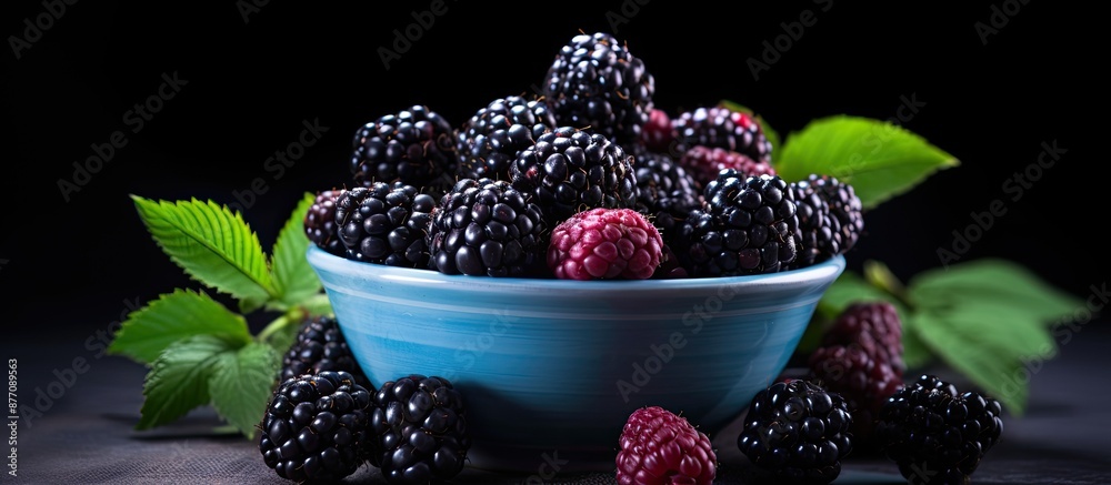 Poster vibrant blue and blackberries displayed on a dark background with copy space image, perfect for vega