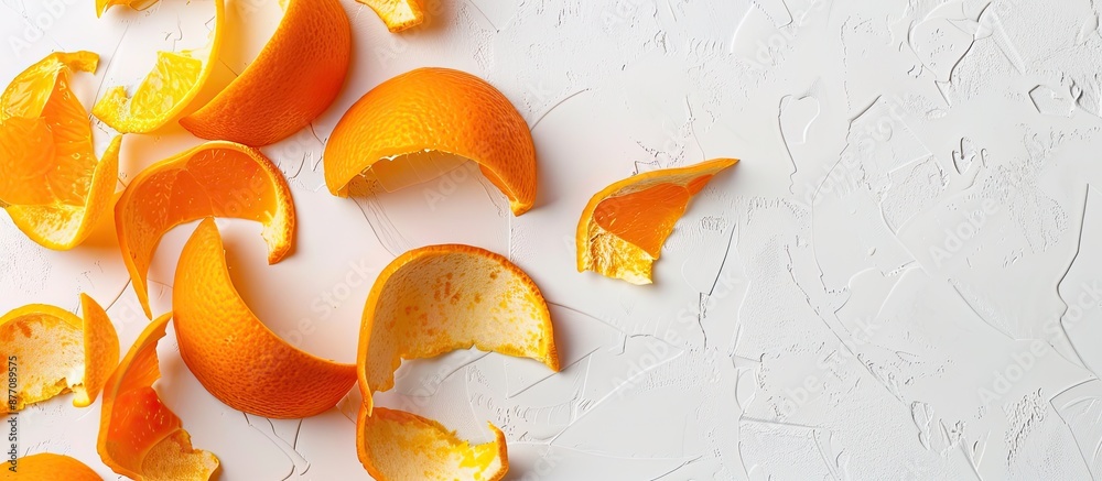 Poster top down view of orange peel pieces on a white backdrop with copy space image.