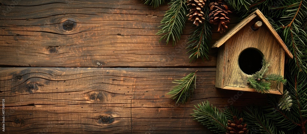 Aufkleber A festive scene features a fir branch, birdhouse on wood background, ideal for adding text or images in the empty space.