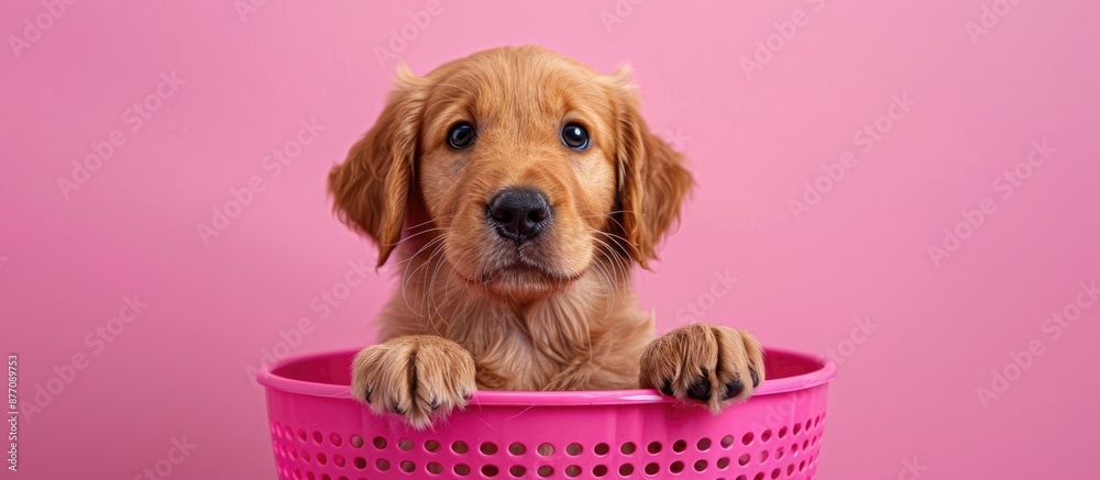 Aufkleber golden retriever puppy in a pink basket with paws dangling over the edge, gazing at the camera again