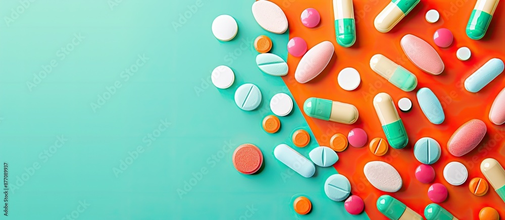 Aufkleber Various medical pills and capsules displayed on a colored background in a top-down view with copy space image.