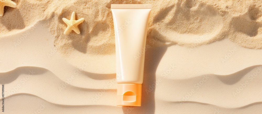 Poster top view of sunscreen lotion on a sandy beach background with copy space image, symbolizing both sum