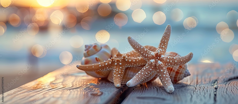 Aufkleber Starfish and shell on the light deck with copy space image.
