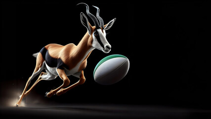 Action shot of a Springbok chasing a rugby ball on a black background 
