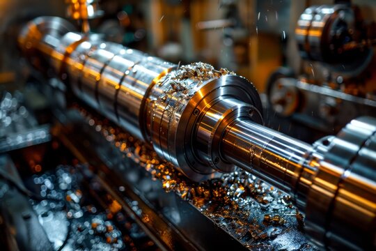 Close-up of a heavy-duty lathe machine shaping a large metal cylinder 