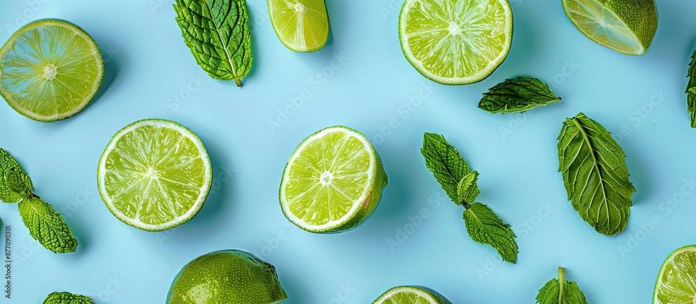 Poster Fresh lime slices and mint leaves placed on a blue background, creating a flat lay composition with available copy space for adding text.