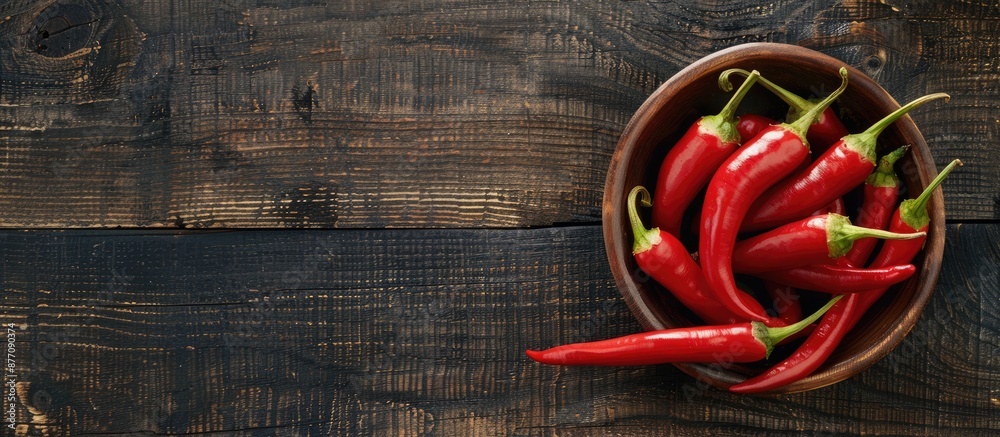 Poster aerial view of spicy red peppers in bowl on wooden surface with space for text or images.