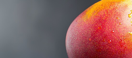 Close-up shot of a honey mango with gray background and copy space image, highlighting the tropical fruit with a studio display and selective focus.