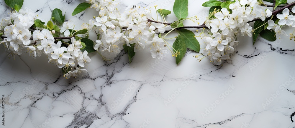 Poster a marble backdrop adorned with delicate white flowers throughout, perfect for a copy space image.
