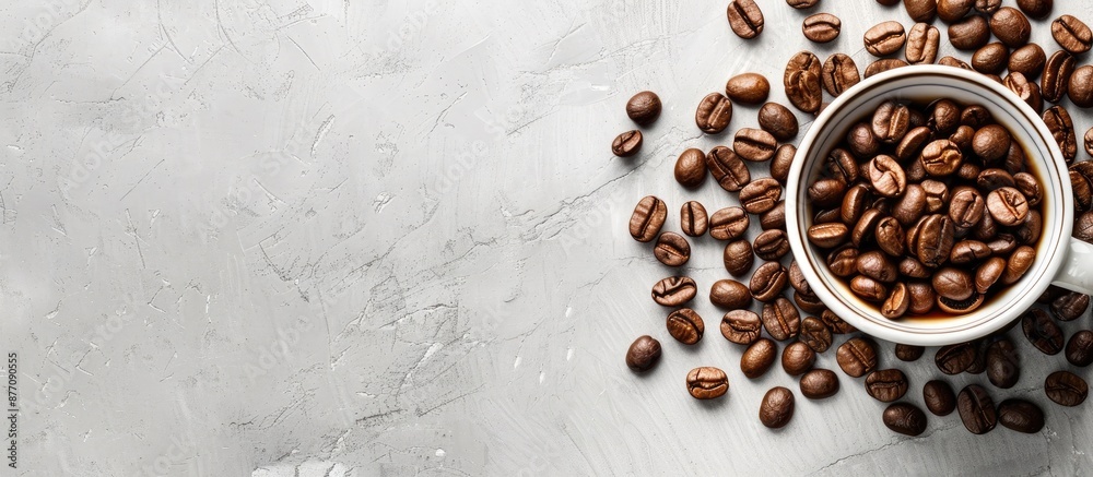 Poster coffee beans grouped near a cup with ample space for text, relating to food and drink themes, in the