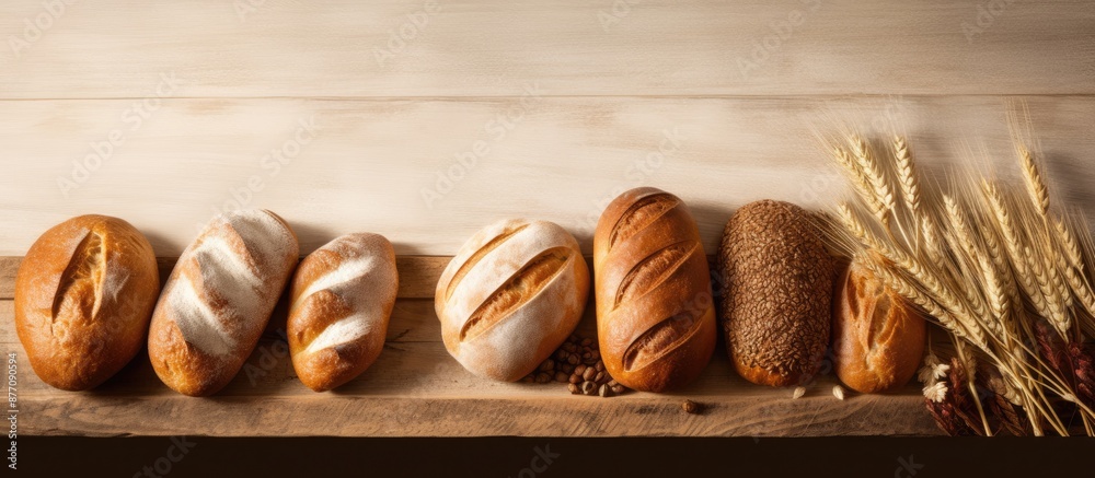 Poster Aerial perspective of assorted bread loaves and wheat ears with space for text or images.