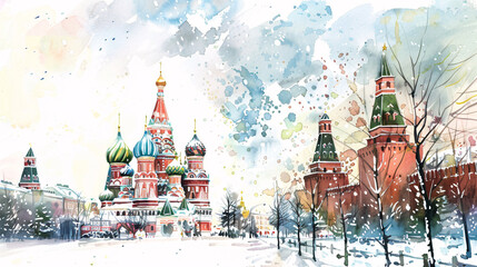 Obraz premium Saint Basil's Cathedral in Moscow during Maslenitsa festival, illustration, watercolour, hand drawn