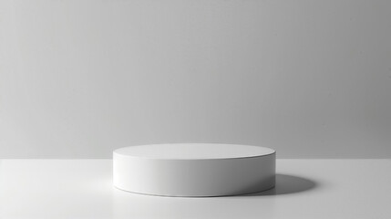 Minimalist white cylindrical pedestal on a white table against a grey background, perfect for product display or showcasing items.