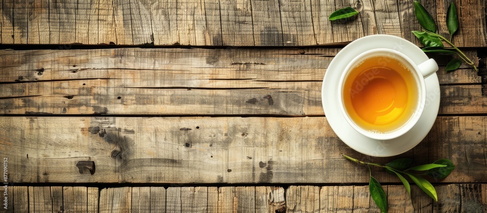Aufkleber Wooden table hosts a cup of fragrant green tea with ample copy space image.