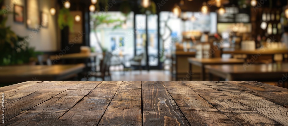 Fototapete Focused on an empty brown wooden table with blurred coffee shop background and bokeh effect for showcasing products in a copy space image.