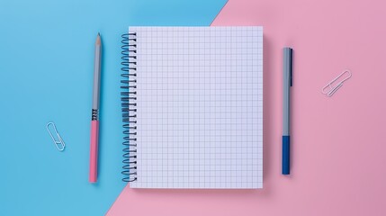 Open graph notebook and school utensils isolated on pink and blue background