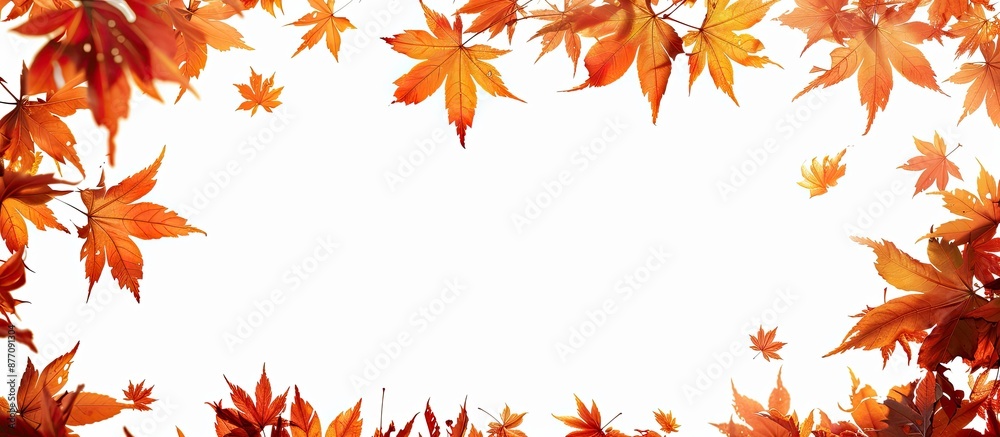 Fototapete Autumn maple leaves create a frame around a copy space image on a white backdrop.