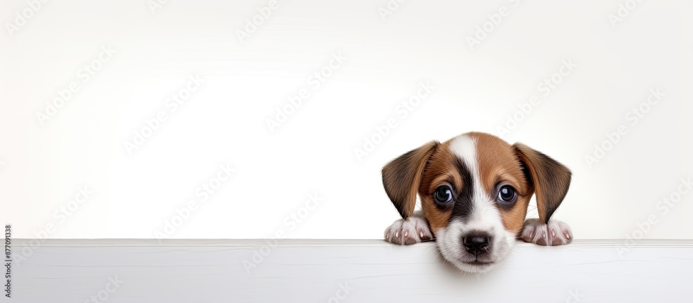 Poster a cute puppy is on a blank white backdrop, with copy space image.