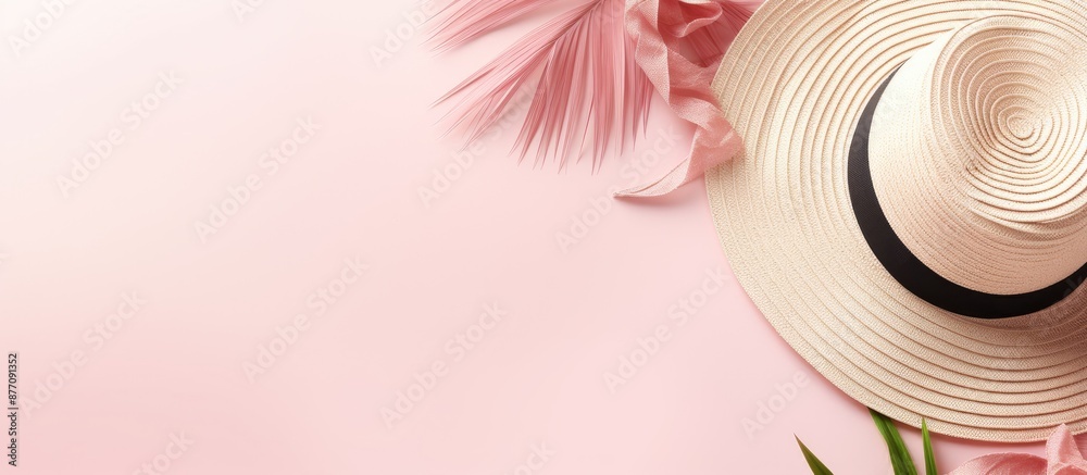 Aufkleber top view of summer beach accessories on a pastel pink backdrop, creating a stylish flat lay for trop