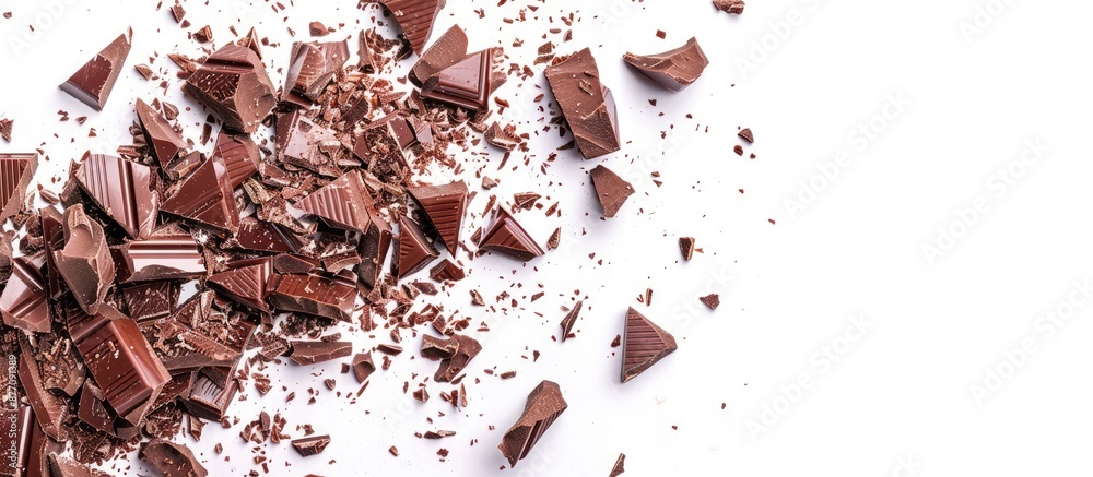 Poster chocolate pieces shattered on a white backdrop with available copy space image.