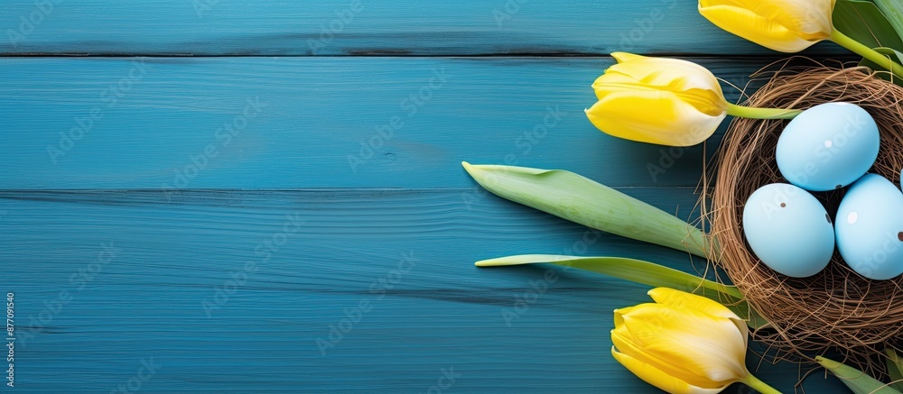Fototapete top-down view of yellow tulips, blue and white eggs in a nest on an easter-themed background with am