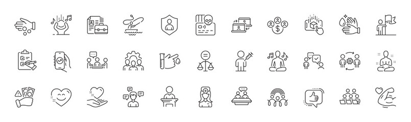 Consulting business, Strong arm and Ethics line icons. Pack of Wash hands, Team work, Donation money icon. Fraud, Employees talk, Conversation messages pictogram. Oculist doctor. Line icons. Vector