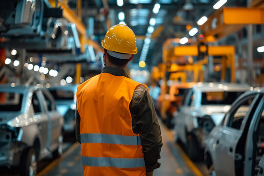 Rear view of worker in high-visibility vest and hard hat in a modern car manufacturing assembly line, focusing on production quality. - Powered by Adobe