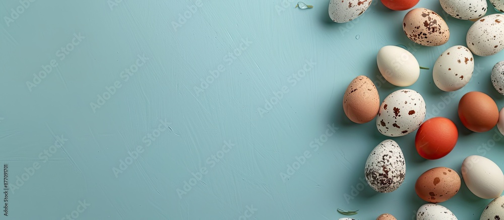 Poster quail and white chicken eggs placed on a blue background, perfect for an easter card with a flat lay