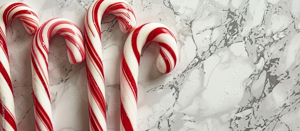 Poster Candy canes displayed with a marble backdrop, providing an elegant frame for the confectionery in a visually appealing copy space image.