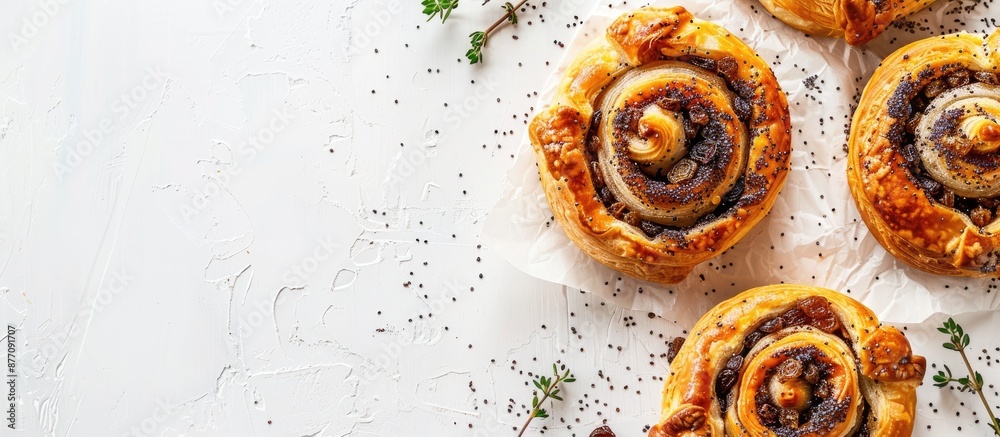 Poster pastries filled with poppy seeds and raisins displayed on a white backdrop with copy space image.
