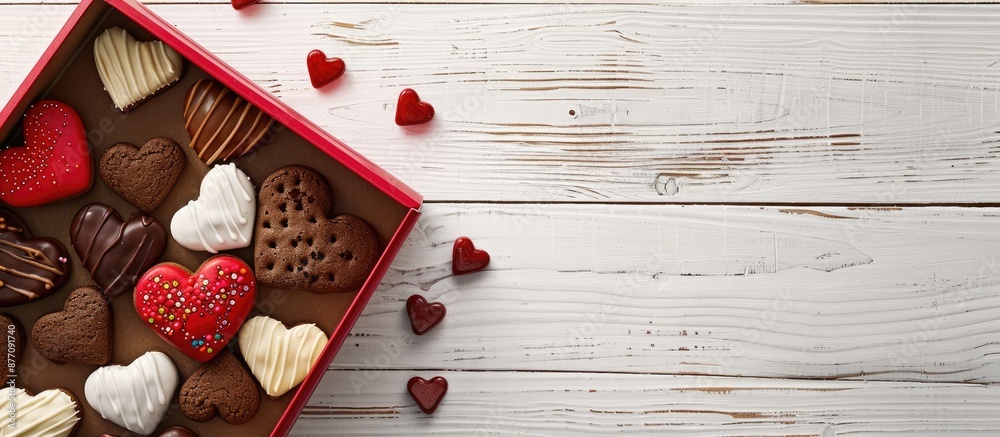 Poster top-view image with valentine's day-themed heart-shaped candies and cookies spilling out of a red bo