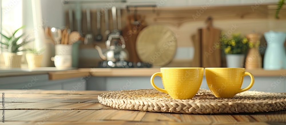 Poster kitchen has yellow cups on a wicker mat with copy space for text.