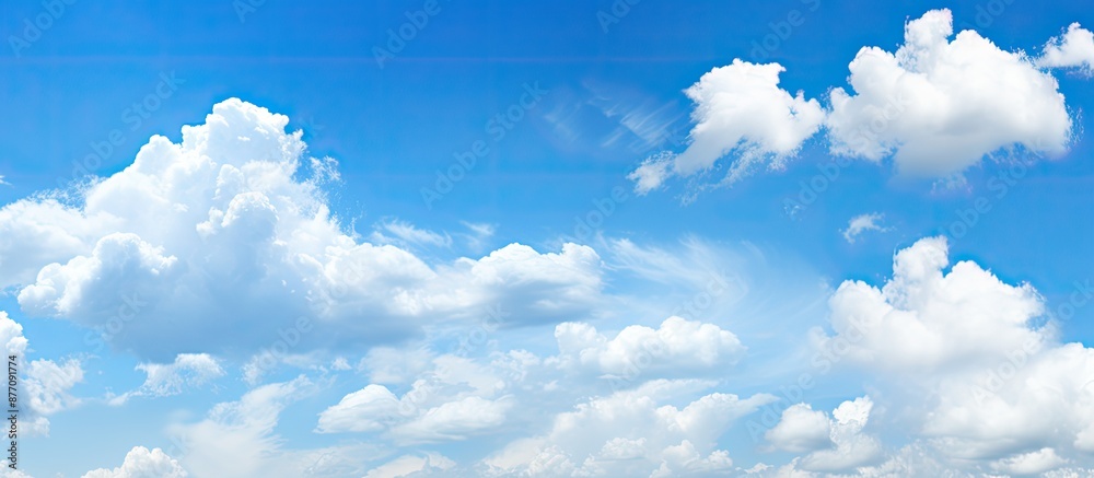 Poster sunny weather with bright blue sky and fluffy white clouds, ideal as a nature-themed background. the