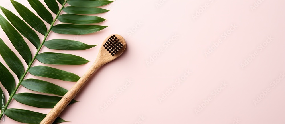 Aufkleber top view of a bamboo toothbrush with an ecological concept displayed on a light pink background, fea