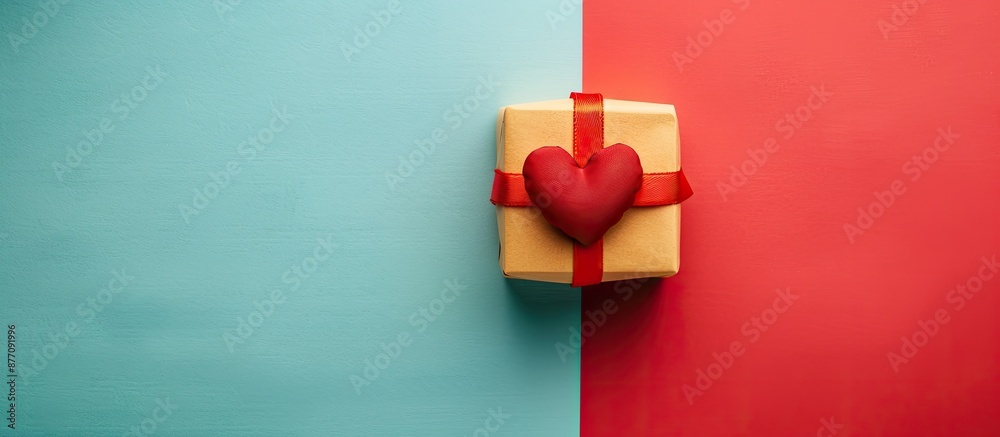 Poster A gift box with a red bow and heart on a colored background, shown in a perspective view for a flat lay presentation with copy space image.