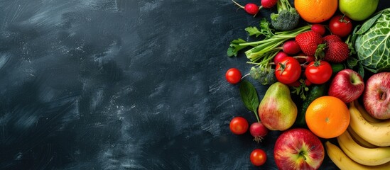 Fresh, nutritious fruits and vegetables displayed on a chalkboard with copy space image.