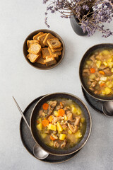 Oyster mushroom soup in plates, soup made from Pleurotus mushrooms and potatoes, carrots and spices, top view, copy space