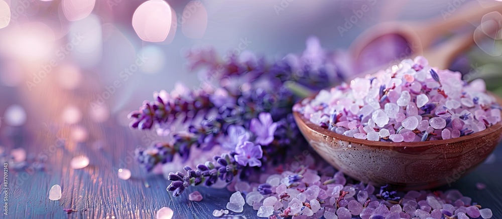 Poster spa setting with relaxing sea salt and lavender flowers, featuring a serene ambiance and a soothing 