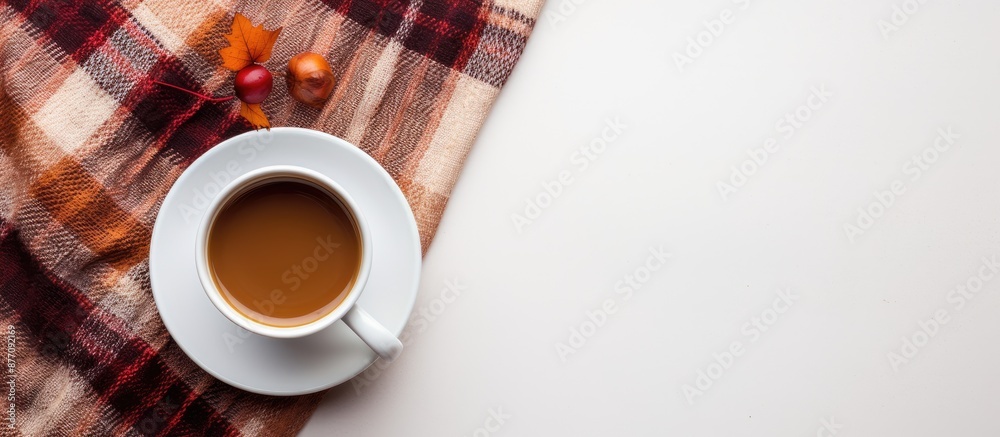 Poster a cup of coffee sits on a checkered scarf with a fallen leaf against a white background, offering pl