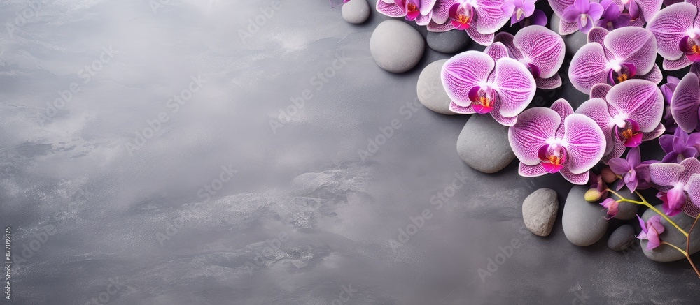 Poster gray background adorned with orchid flowers and spa stones in a flat lay composition, leaving room f